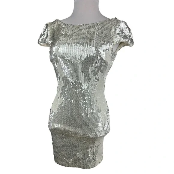Dress the Population Sequin Tabitha Body Con Sheath Mini Dress Ivory Size Medium - Picture 5 of 13